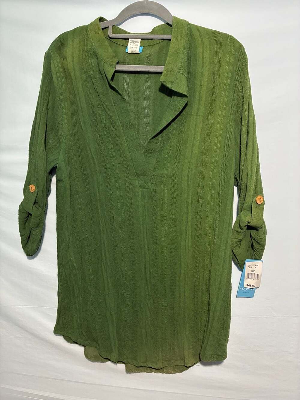 DOTTI BEACH Olive Green 100% Cotton Roll-Tab Sleeve V-Neck Cover-Up Tunic